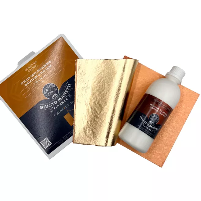 [PACKGIUSTO.OR] Verguldingsset Goud 2.5 – 25 vellen imitatie bladgoud 14 × 14 cm + mixtion op waterbasis 250 ml – Giusto Manetti
