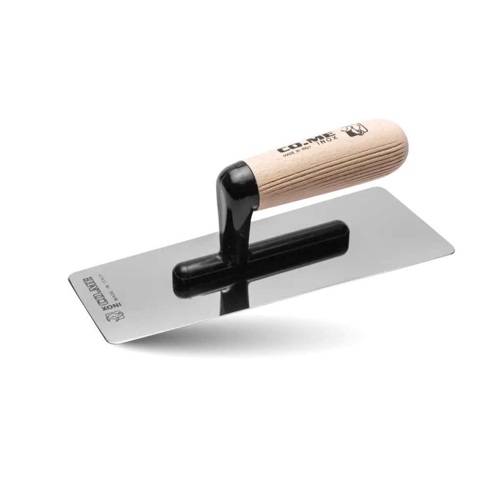 [310LU080] Mirror-polished 0.6 mm blade rectangular stainless steel trowel with wooden handle – Co.Me (200 x 80 mm)